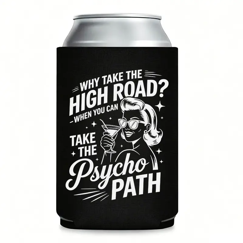 "Why Take the High Road? Take the Psycho Path" Insulated Can Cooler Koozie with Thermocooler – Funny Koozies for Party, Great Can Koozie for Cans, Perfect Koozies for Cans as Dark Humor Gag Gifts, Halloween Party Favors