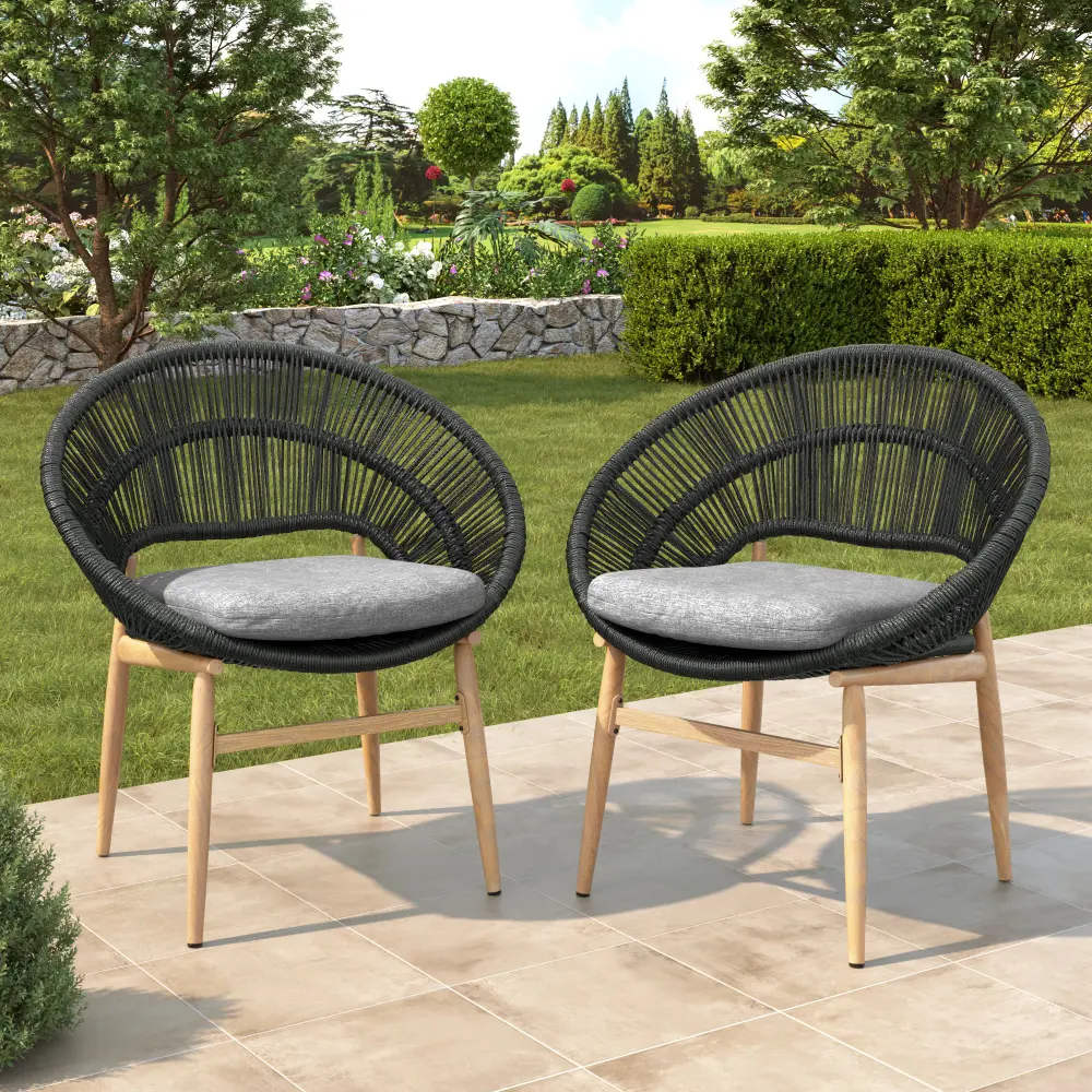 Cyril Outdoor Wicker Papasan Dining Chairs Set of 2, Boho Patio Chairs with Teak Finish Wooden Legs, Dark Gray Faux Rattan Woven Seat, Soft Gray Cushions, Modern Outdoor Accent Chairs for Patio, Garden, Deck, Balcony, Porch, Comfortable Conversation Chair
