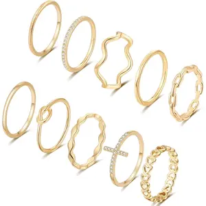 10PCS 14K Gold Plated Stacking Rings for Women Thumb Stackable Knuckle Band Rings Plain Twist Thin Joint Finger Wedding Gold Ring Set for Women Size 4 to 11