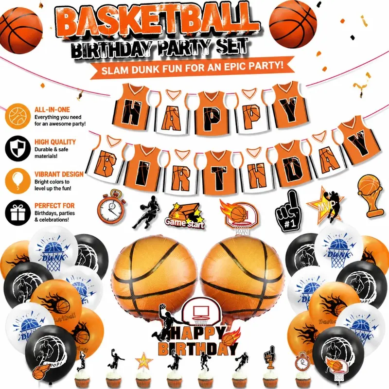 All In One Basketball Happy Birthday Party Supplies, Sports Banner Garland Basketball Balloons Cake Decor Toppers, Boys Men Birthday Backdrop Decor, Birthday Swap Meet Photo Booth Prop Gift
