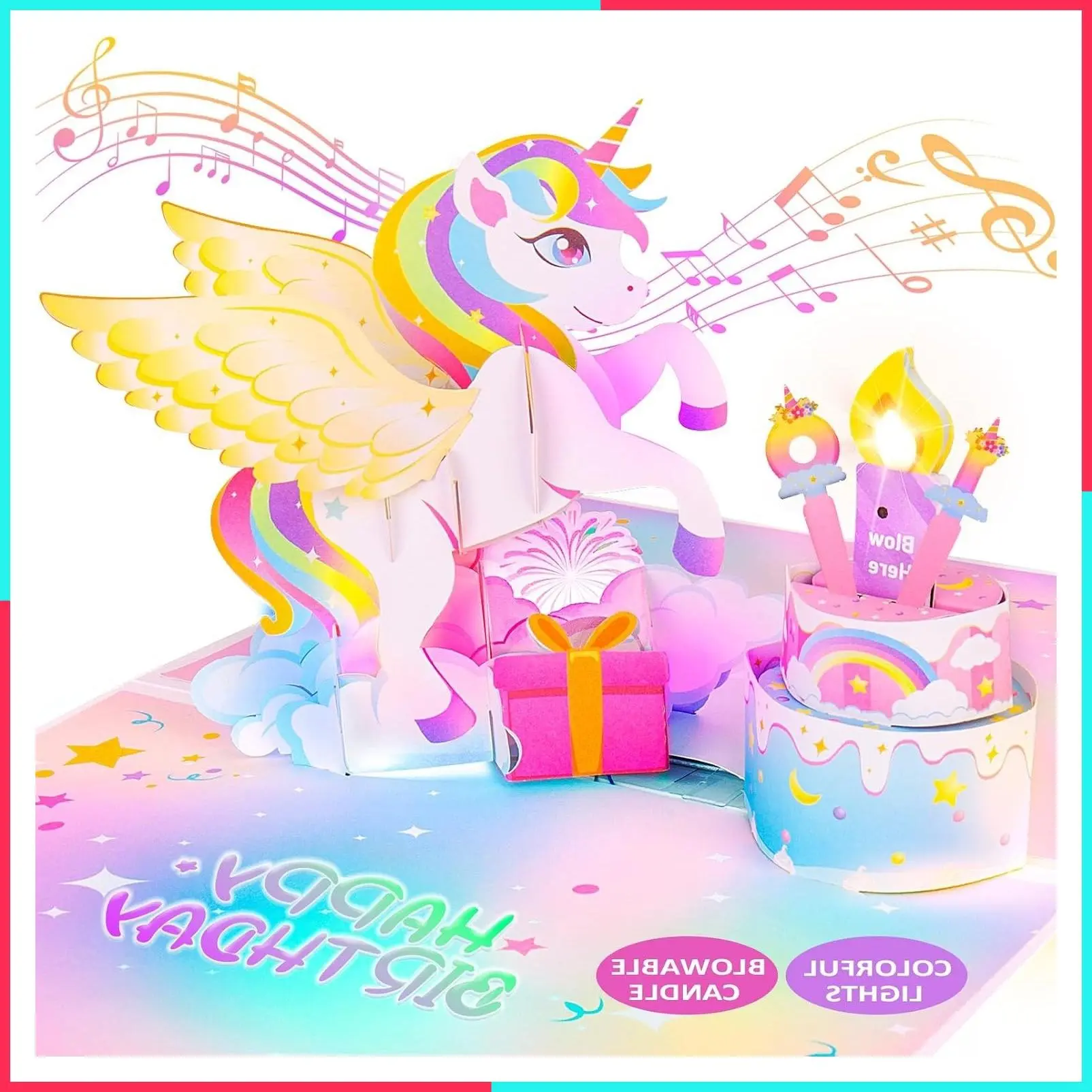 Birthday Card with Light & Music, Unicorn 3D Pop Up Greeting Card with Blowable Candle, Birthday Gift for Women Girls Daughter Sister Kids, with 0-9 DIY Number