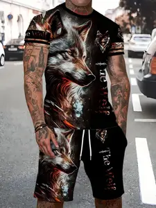 Men's Summer Sports Set, Wolf 3D Cool Print Short Sleeve Sportswear Fashion Set, Athleisure Set, T-Shirt and Shorts 2 Piece Casual, Athleisure Summer Clothes, Casual Sportswear Outfit