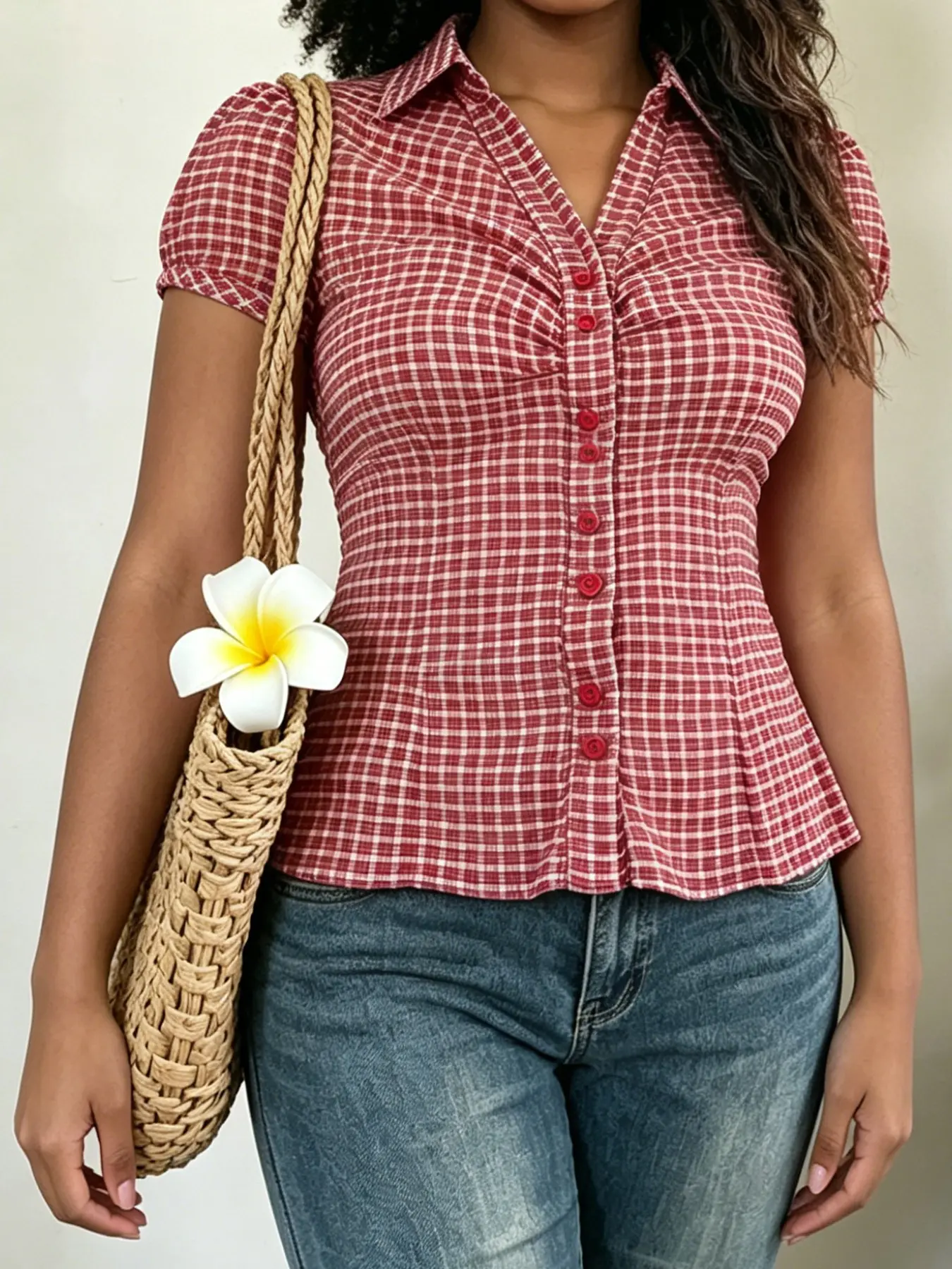 Vacation Style Gingham Button Shirt, Summer Street Fashion Versatile Top, Fitted Plain Surface Unlined Shirt, Ideal for Casual Wear, Blouse