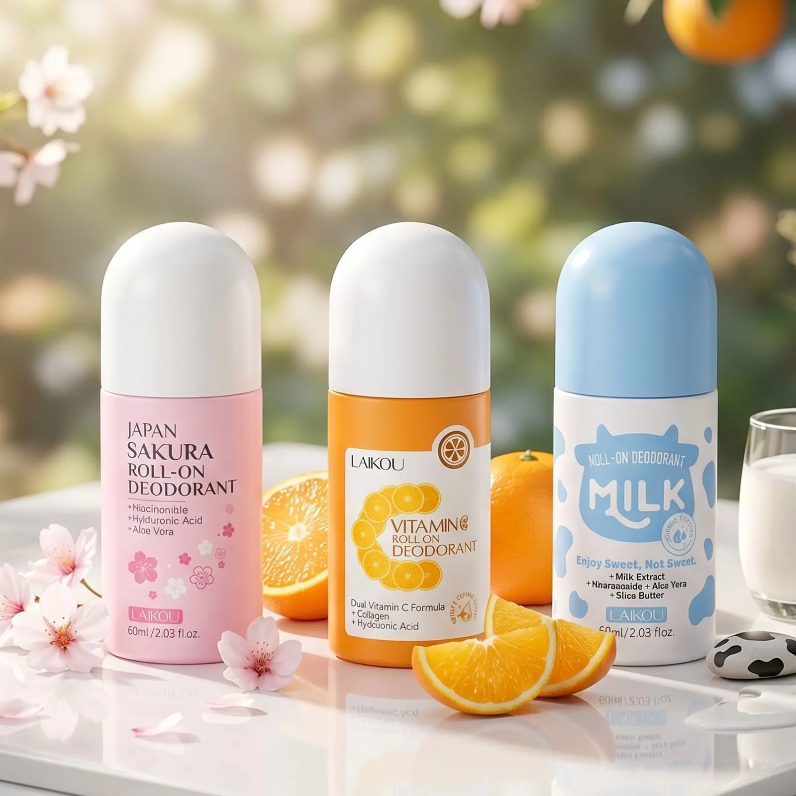 LAIKOU Underarm Roll On Deodorant 3-Piece Variety Pack - Sweet Milk, Japan Sakura & Vitamin C Citrus Fragrance, Travel Size Refreshing & Quick-Dry Roll-On Body Care Set for Daily, Dating & Sports, 60ml x 3 Body Deodorizer
