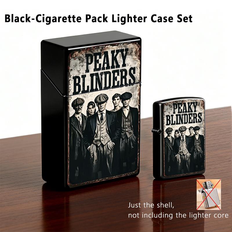 Peaky Blinders Plastic Cigarette Case & Metal Lighter Shell Set, Shelby Family Retro Print, Gothic Crime Drama Gift for Men