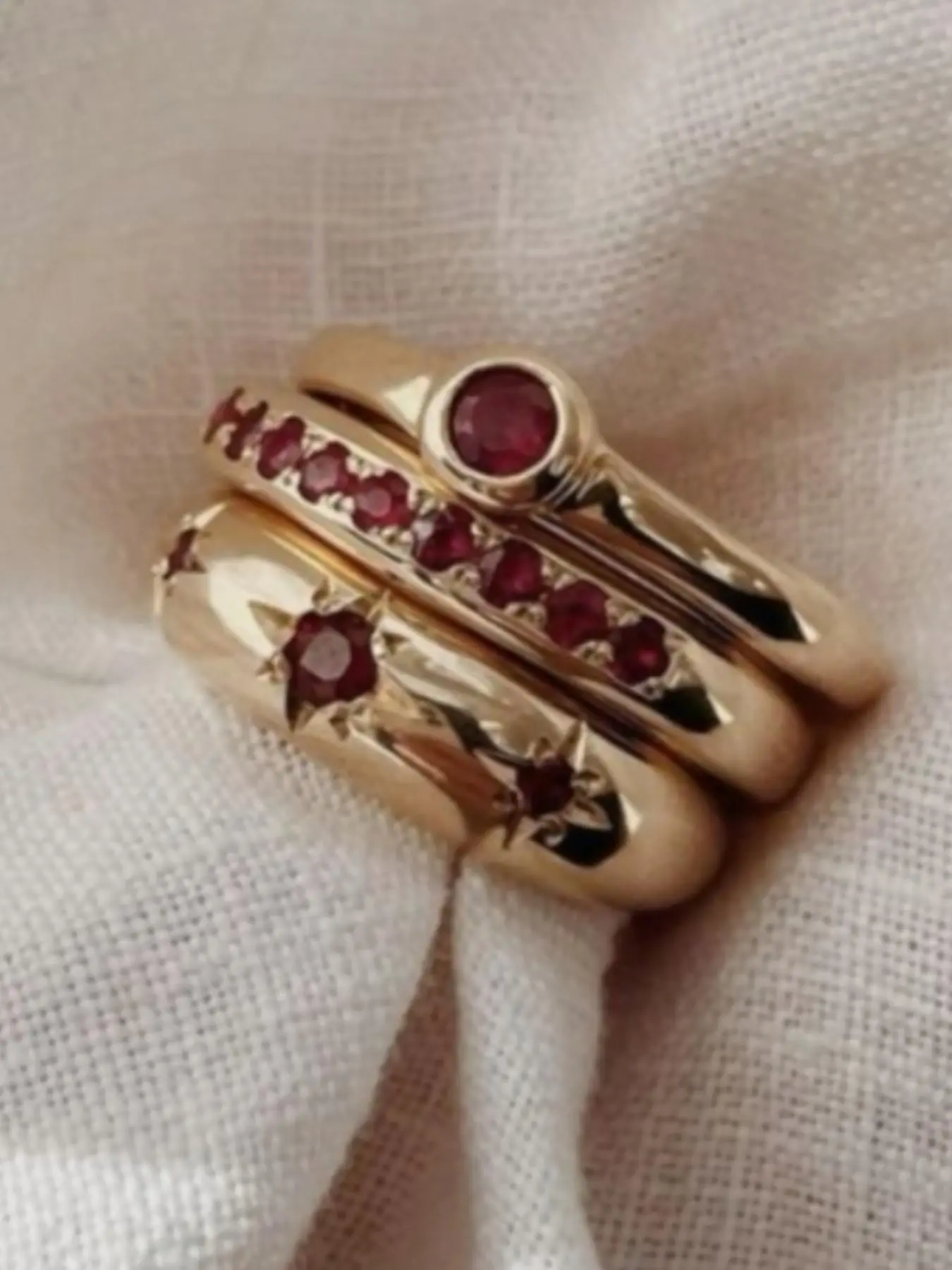 3Pcs Stackable Red Zircon Ring Set, Star & Round Stone Multi Band Stacking Rings, Vintage Women Finger Jewelry