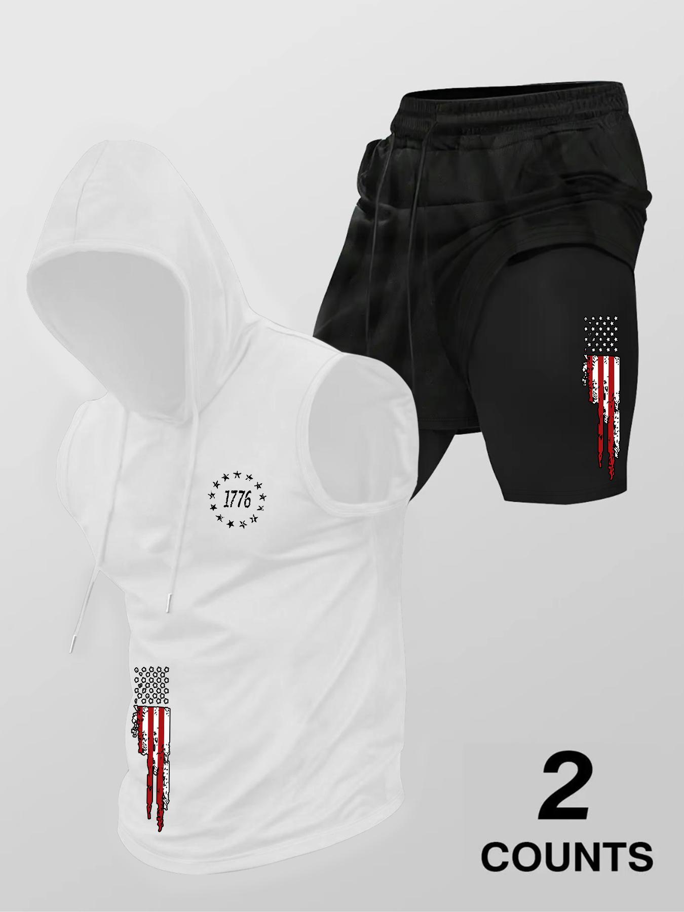 Two-Piece Set Men's Flag Print Hooded Tank Top & Drawstring Waist Shorts, Regular Fit Sleeveless Top & Track Shorts, Casual Summer Clothes Set for Outdoor