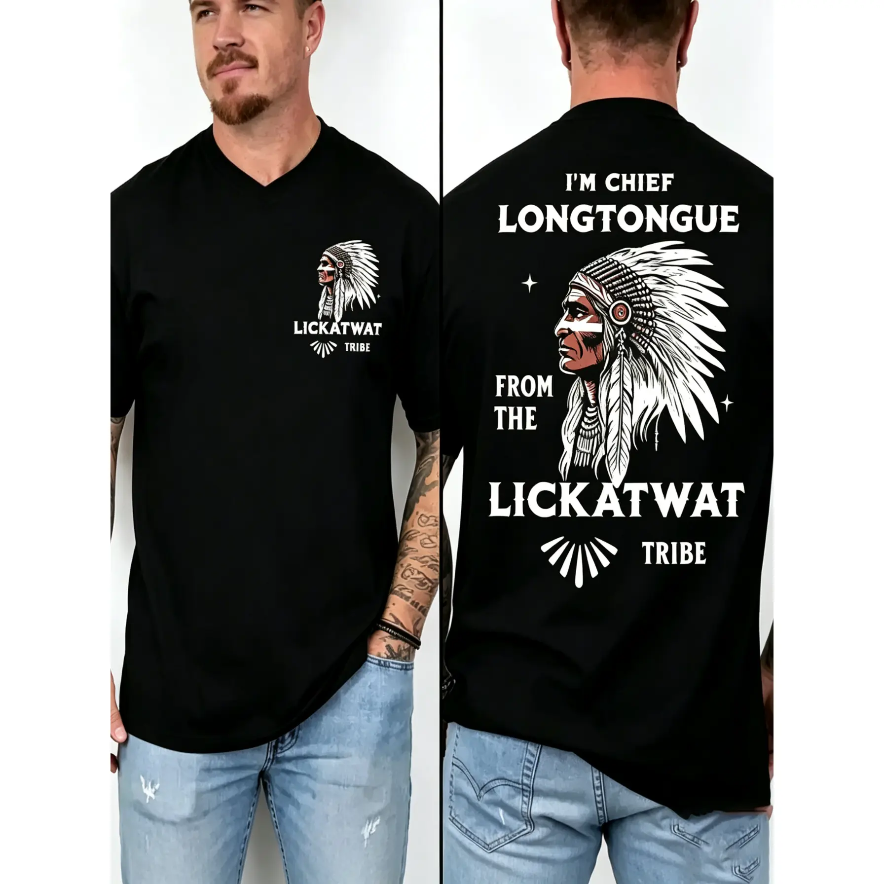 Long Tongue Chief T-Shirt, From The Likatwaate Tribe - A Fun, Irreverent Native American Humor Tee With A Satirical Chief Graphic And A Cheeky Meme-Inspired Quote Design; Unisex Statement Apparel That Stands Out