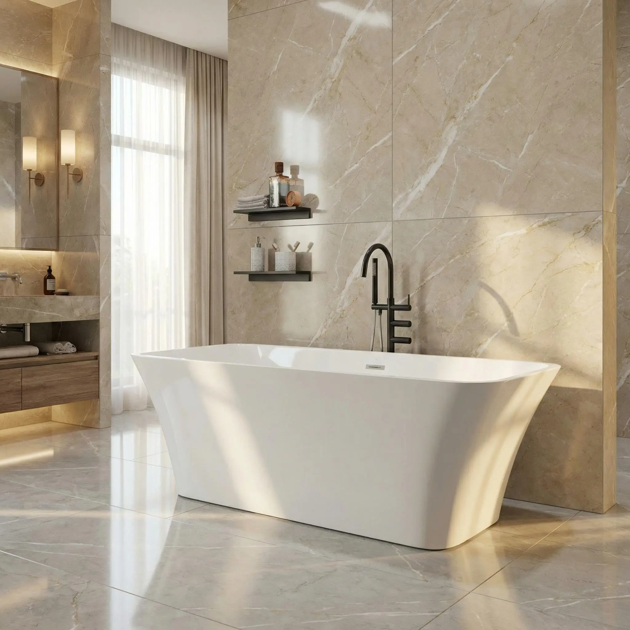 67" Acrylic Freestanding Bathtub Set with Floor Mount Faucet, Chrome Waterfall Spout & Hand Shower – White