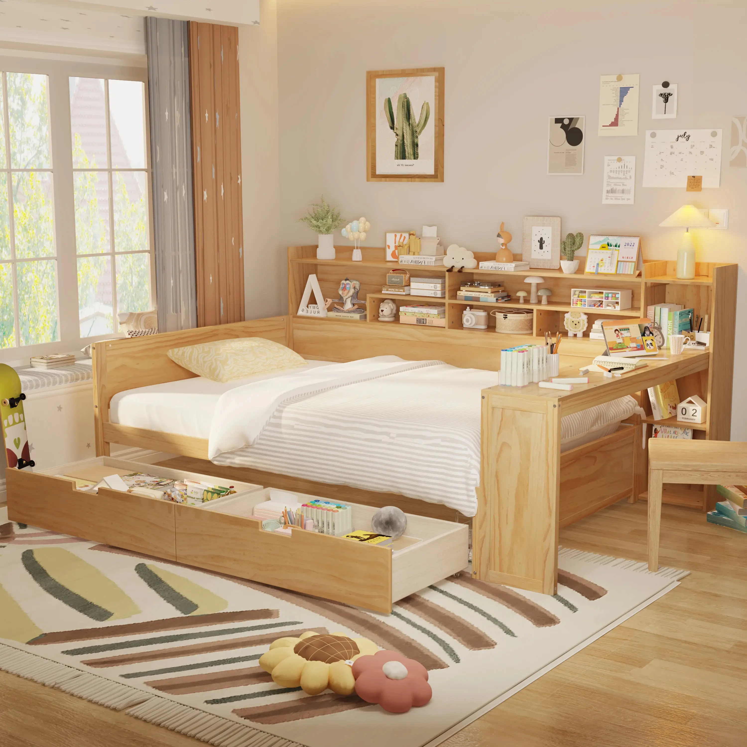 Modern Wood Full-Size Multi-Functional Daybed with Full Mattress, Pine Wood Frame, 2 Storage Drawers, Storage Shelves, Study Desk, Durable, Humidity-Resistant, 91.3"l x 64.9"w x 44.9"h, Assembly Required, Bedroom Indoor Furniture (No Fire Safety Label), N