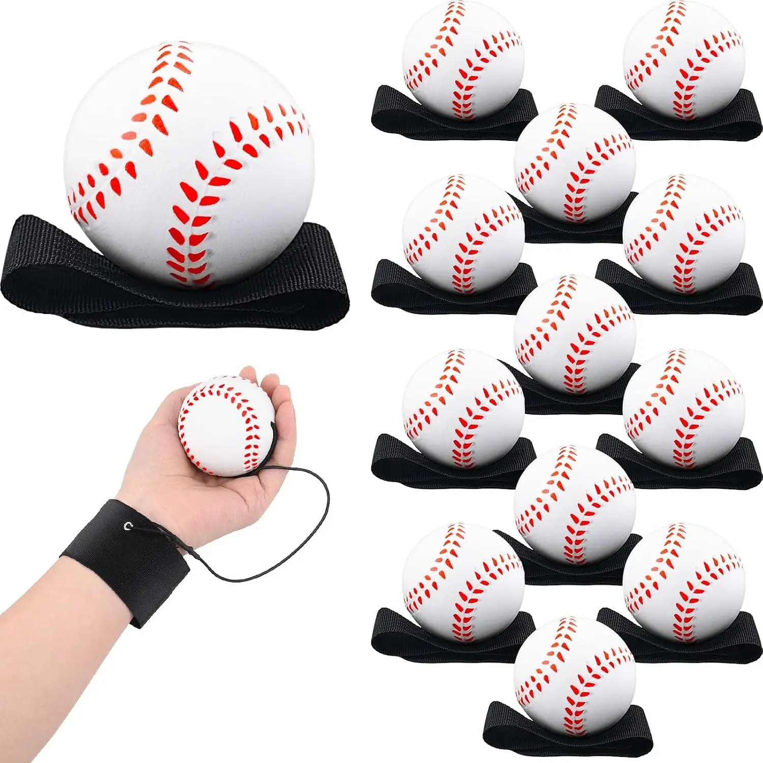 2.36 Inch Wrist Return Ball, 12 Pcs Baseball Style Rebound Bouncy Ball on String with Wristband, for Wrist Exercise Fun Outdoor Team Activity