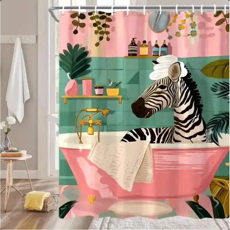 Retro Zebra Tropical Plants Shower Curtain, Pink and Blue-Green Stripes Watercolor Bathtub Curtains With Hooks, Printed Striped Shower Curtain, 72Wx72H