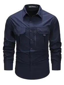 Men's Solid Pocket Button Front Shirt, Regular Fit Casual Long Sleeve Collared Top for Fall & Winter, Men's Clothes for Outdoor Work