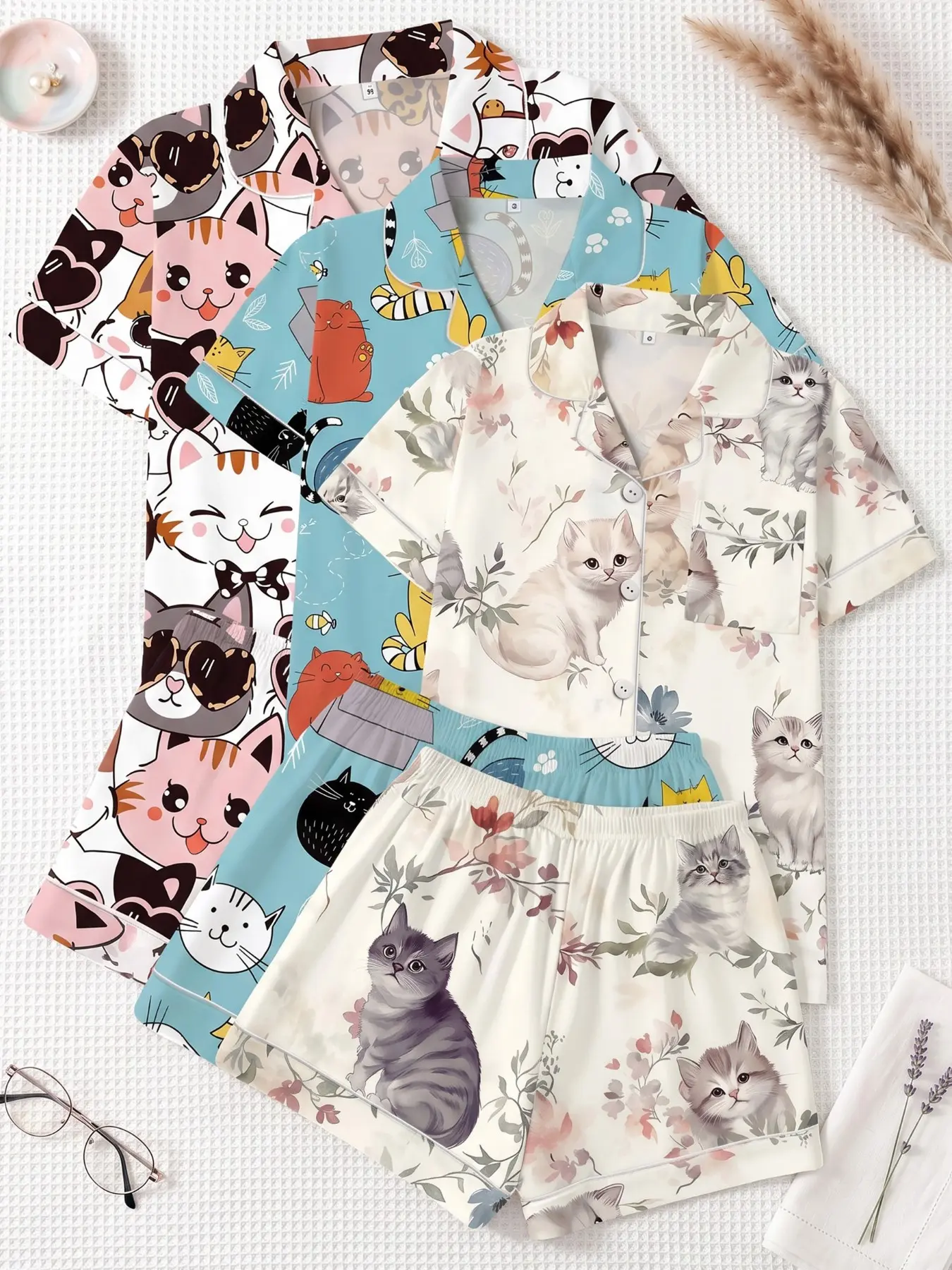 Women's 3-Piece Pajama Set, Short Sleeve Top & Shorts, Cute Cat Print, All-Seasons Casual Sleepwear, Loungewear, Home Wear Essentials