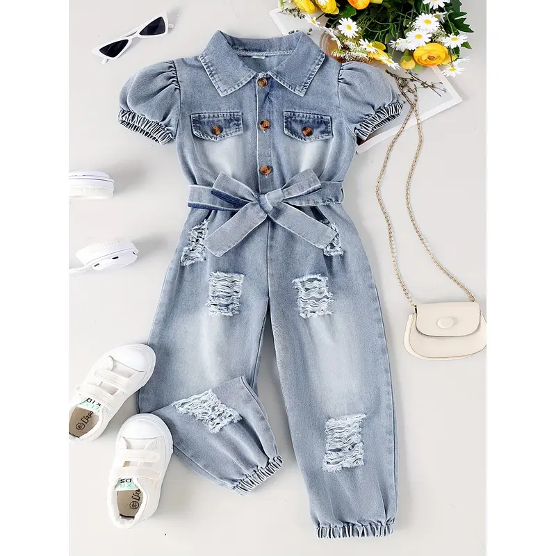 Girls' Fashionable Casual Summer Denim Belted-Waist Jumpsuit - Short Sleeves, Long Pants, Polyester Clothes, Ideal for Outdoor Fun