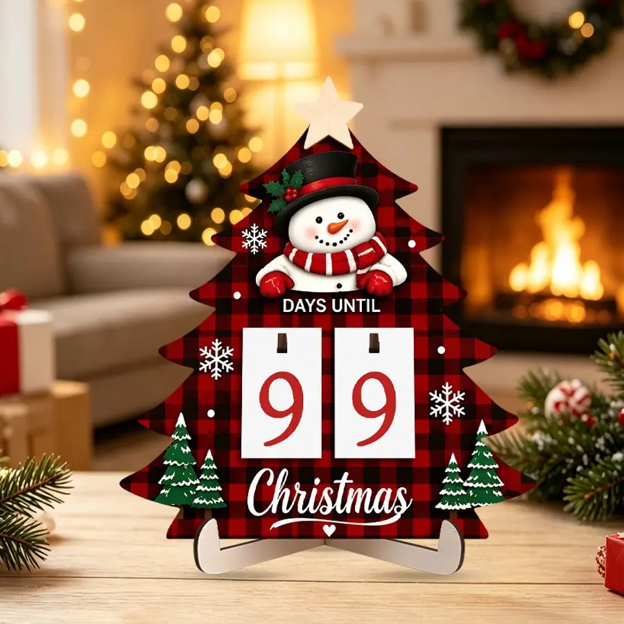 1pc Christmas Countdown Calendar, 99 Days Until Christmas Wooden Desk Sign, with 19 Number Cards and Wooden Base, Snowman Christmas Tree Pattern Design, For Christmas Party Decorations, Desk Decor, Room Decor, Farmhouse Decor, Christmas Gifts