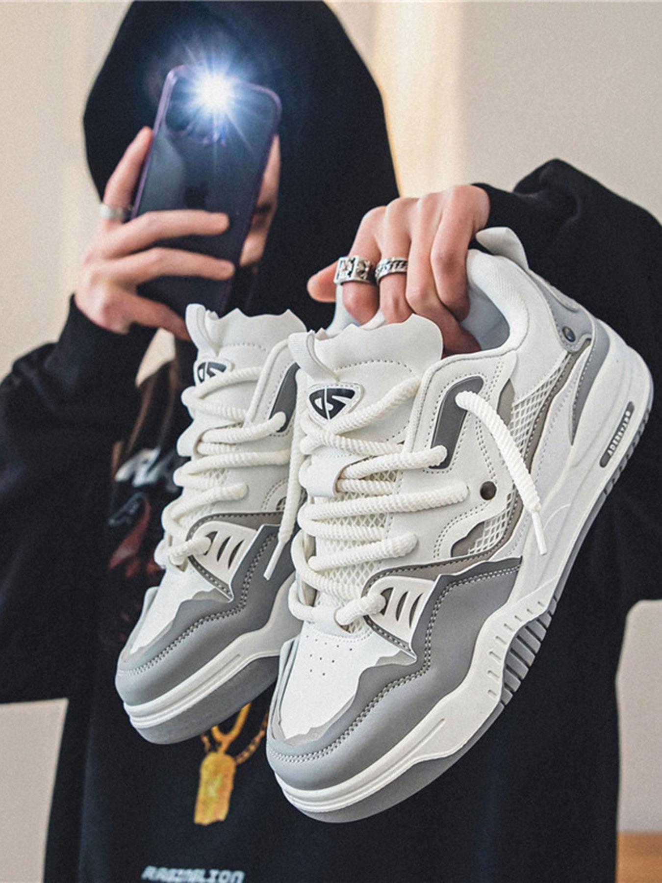 Men's Casual Thick Laces Skate Shoes, Letter Patched Design Low Top Skate Shoes, Contrast Mesh Design Platform Shoes