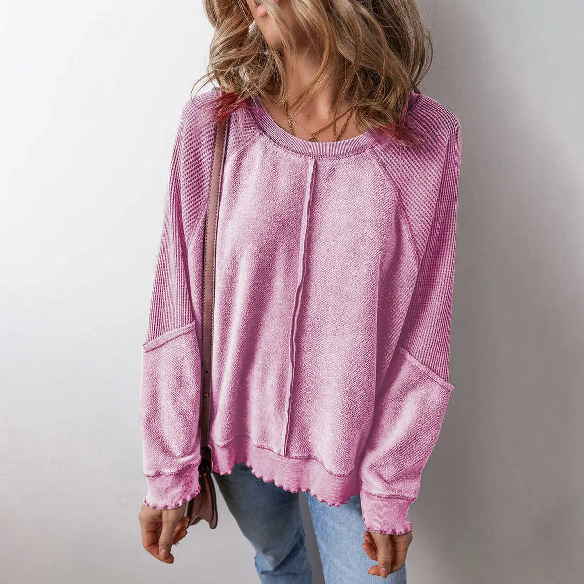 BF Women's Pink Waffle Knit, Patchwork, Exposed Seam Raglan Pullover Sweatshirt