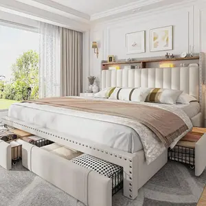 Bed  With 3 Drawers & 2-Tier Storage Headboard,Upholstered Platform Bed  Heavy Duty Wood Slats Support, No-Noise, Cama Queen, Easy Assembly