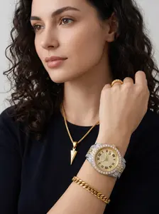 4 Piece Set Women's Diamond-Encrusted Gold Watch + Necklace Ring Bracelet, Hip-Hop Luxury Full-Diamond Fashion Jewelry Set, Waterproof Quartz Watch