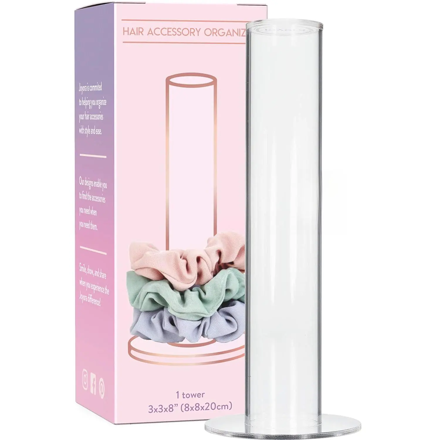 Clear Acrylic Scrunchie Holder Stand, Hair Tie Organizer Tower for Scrunchies, Spiral Hair Coils & Bracelets - Holds 24–60 - Minimal Vanity/Bathroom Counter Storage for Teen Girls & Moms