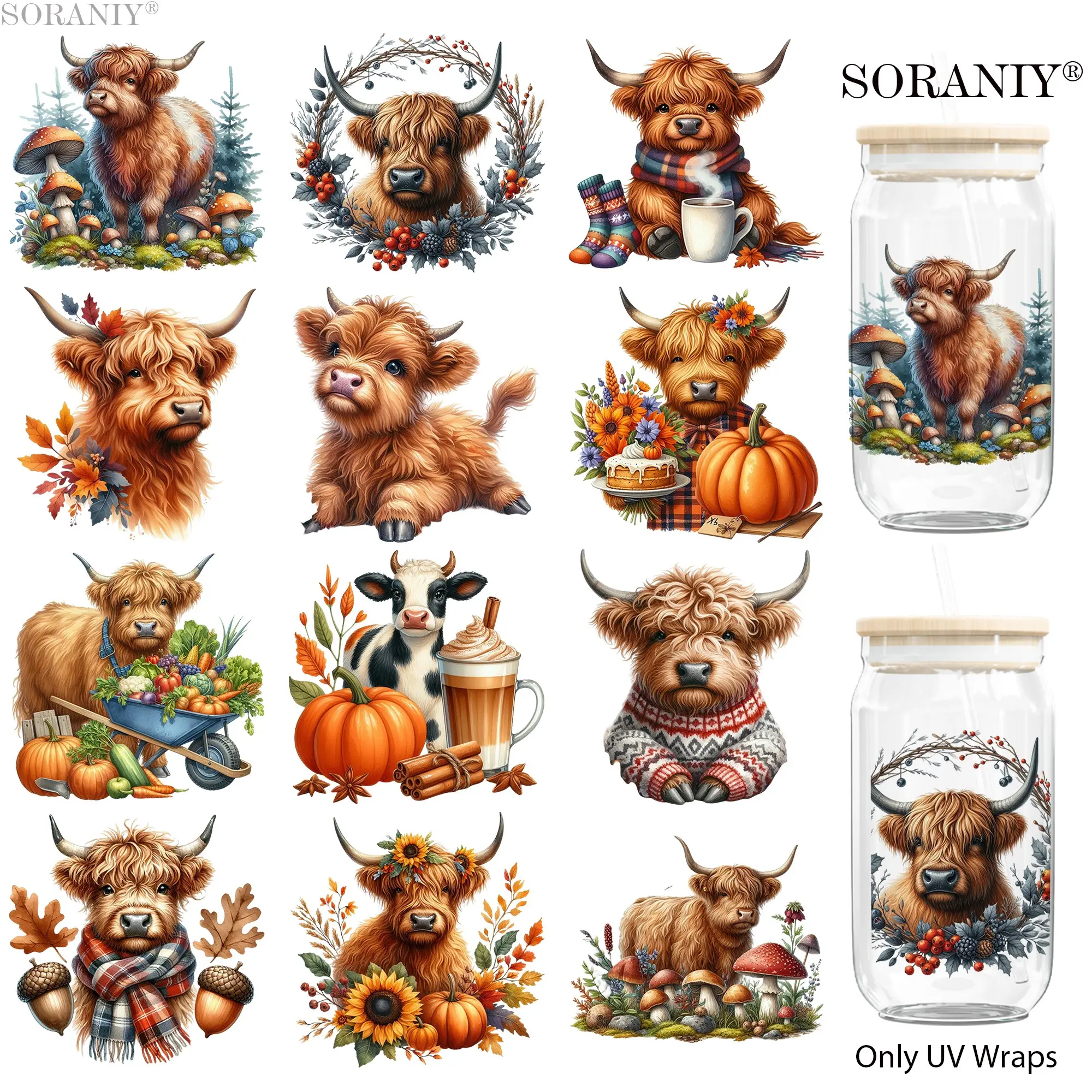 UV DTF Water Cup Sticker Set, 12 Autumn Highland Cow Theme Waterproof Stickers, DIY Transfer Paper for Cups Bottles Furniture Frames Gifts
