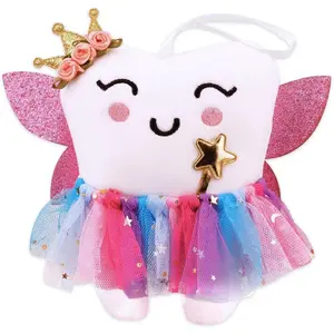 18ACTIVEKITSQIMZAR Tooth Fairy Pillow,Tooth Fairy Plush Dolls for Girls with Pocket and Glittering Wings,Tooth Fairy Gifts Bag Pouch for Girls