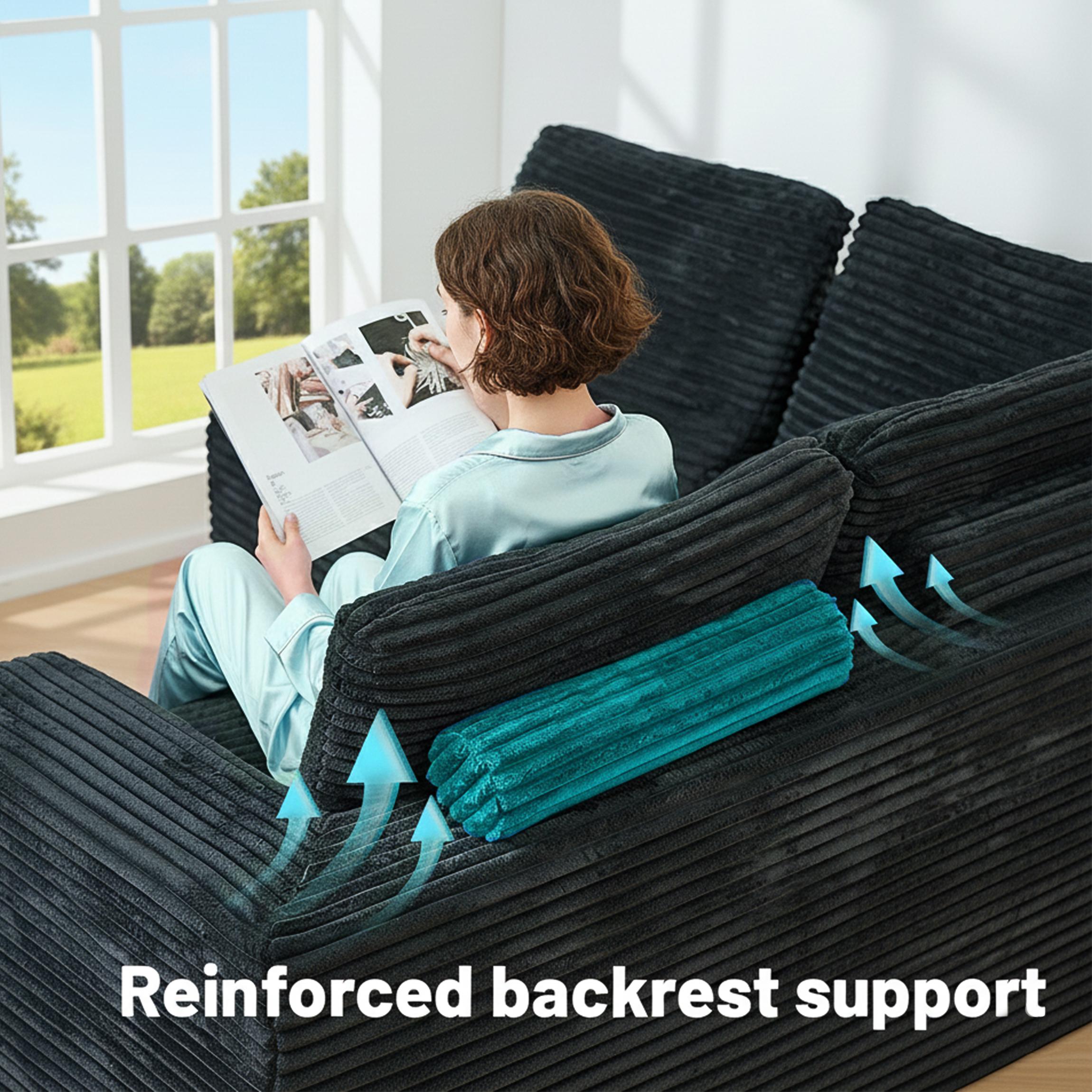 135.5-inch Modular U-Shaped Sectional Sofa, 6-Seater Chaise Lounge with Reversible Design, Striped Corduroy Fabric in Black – Living Room or Bedroom Couch, Freely Configurable Layout.