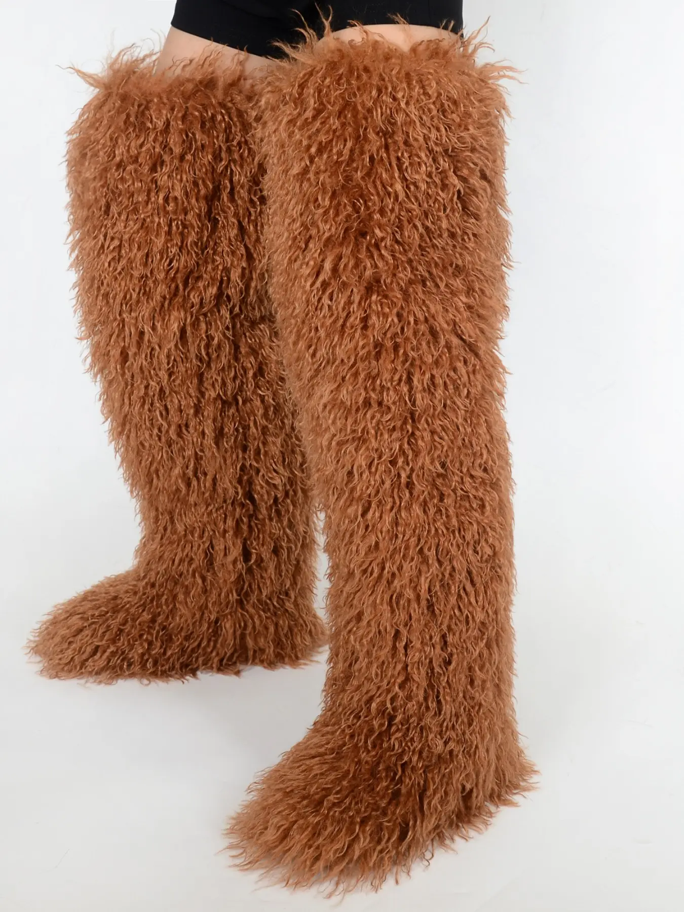 Women's Over-The-Knee Fluffy Snow Boots, Round Toe Design, Textile Upper & Rubber Sole, Medium Width, Fall/winter Season, Plain Pattern