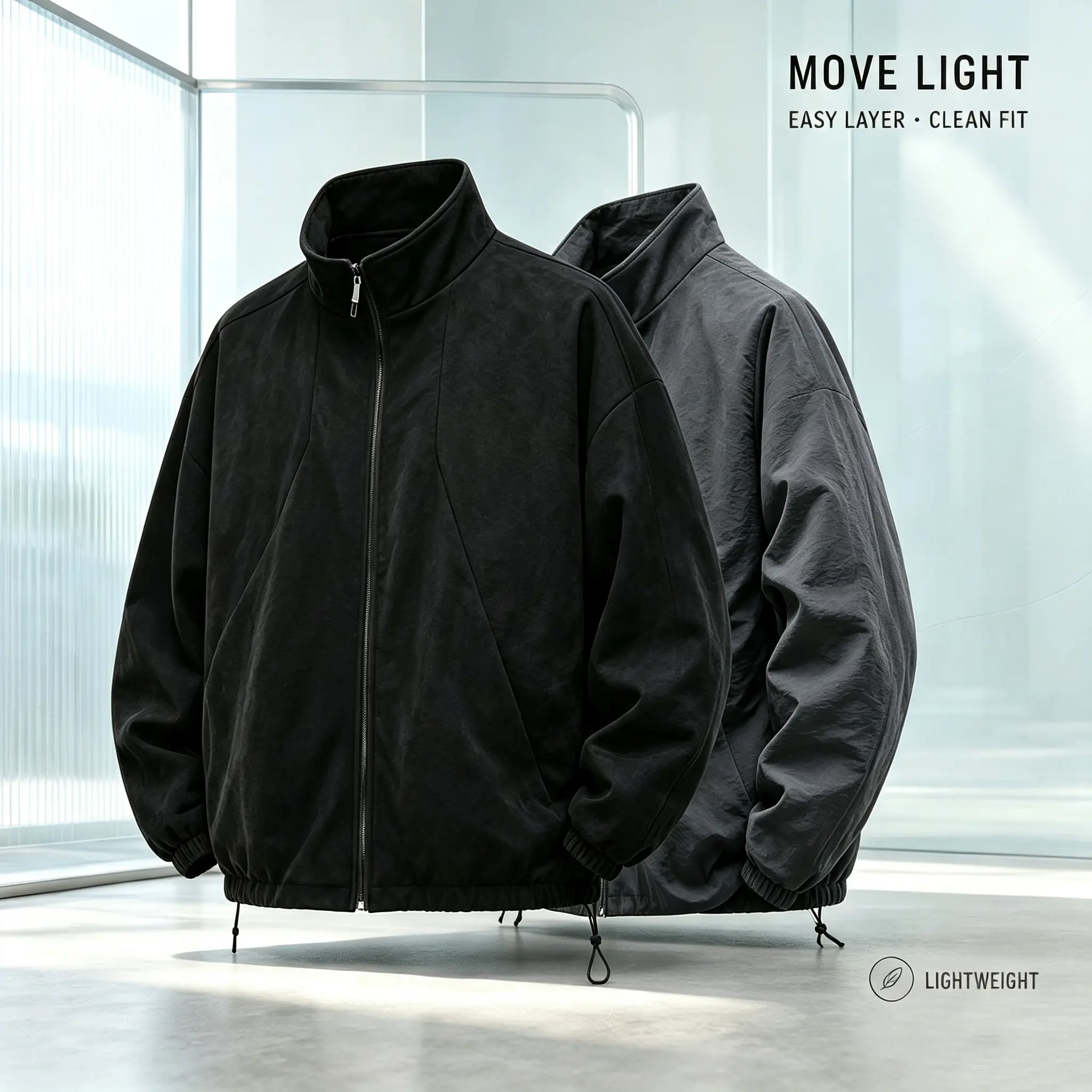 Men's Oversized Suede Stand Collar Zip Jacket Loose Streetwear Drawstring Hem Casual Long Sleeve Coat