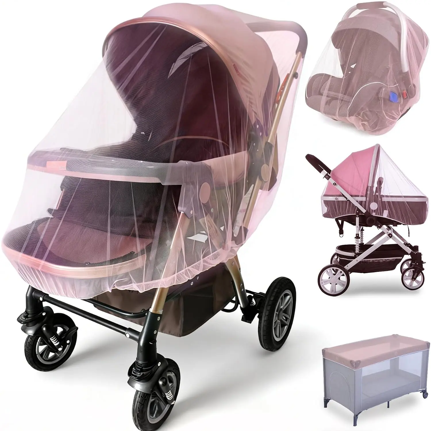 2 Pack Baby Stroller Mosquito Net, Durable Mesh Protection, Pink |   Universal Fit Bassinets, Cradles, Playards, Pack N Plays & Portable Mini Cribs, Summer Essential for Infant Travel, Camping