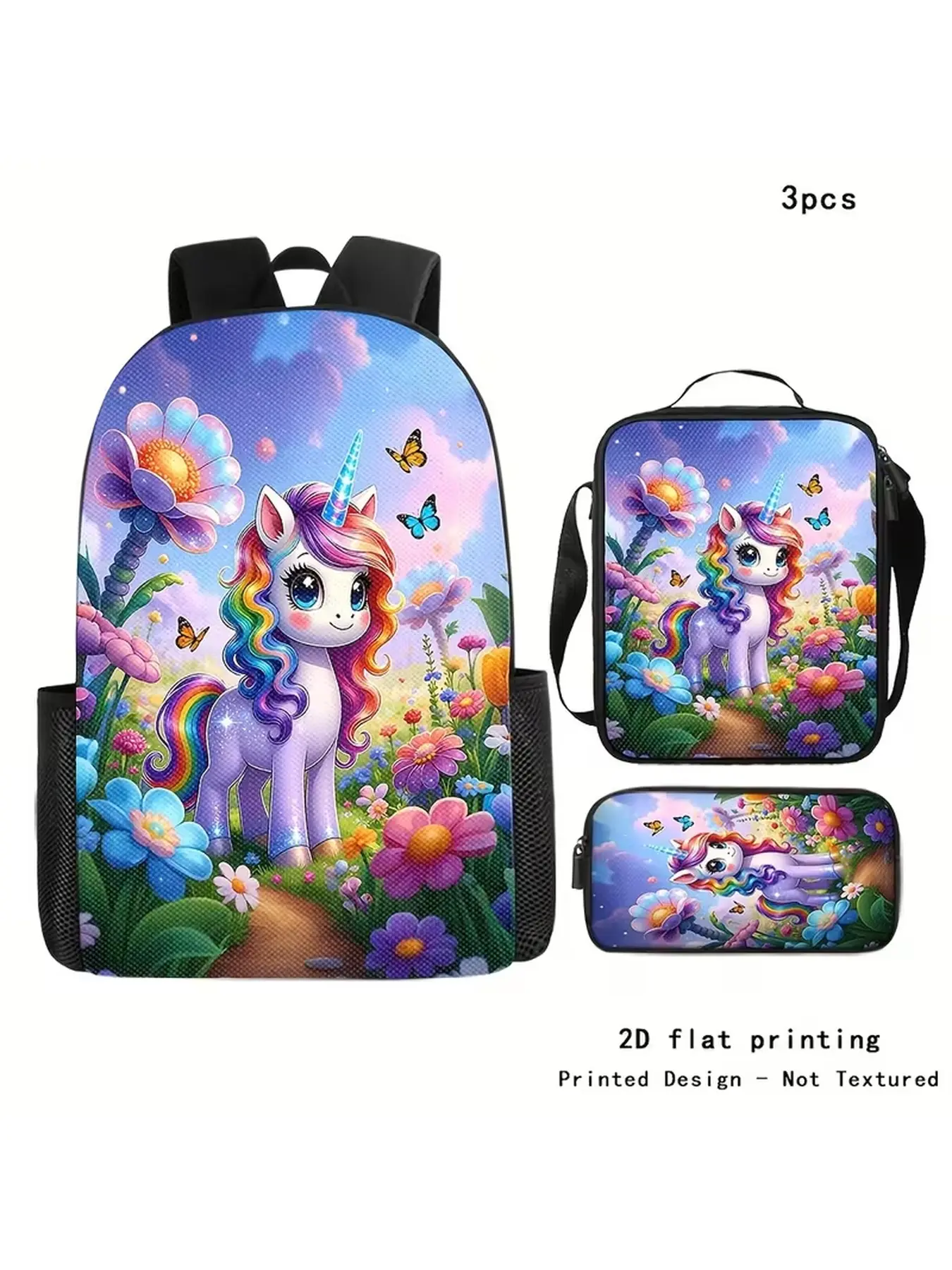 3Pcs Backpack Set, Rainbow Mane Unicorn Colorful Flower Garden & Butterflies Graphic School Backpack with Lunch Bag & Pencil Case, Back to School Gift, Christmas Holiday Gift for Kids Teens Girls, Large Capacity Student Bookbag, School Daypack