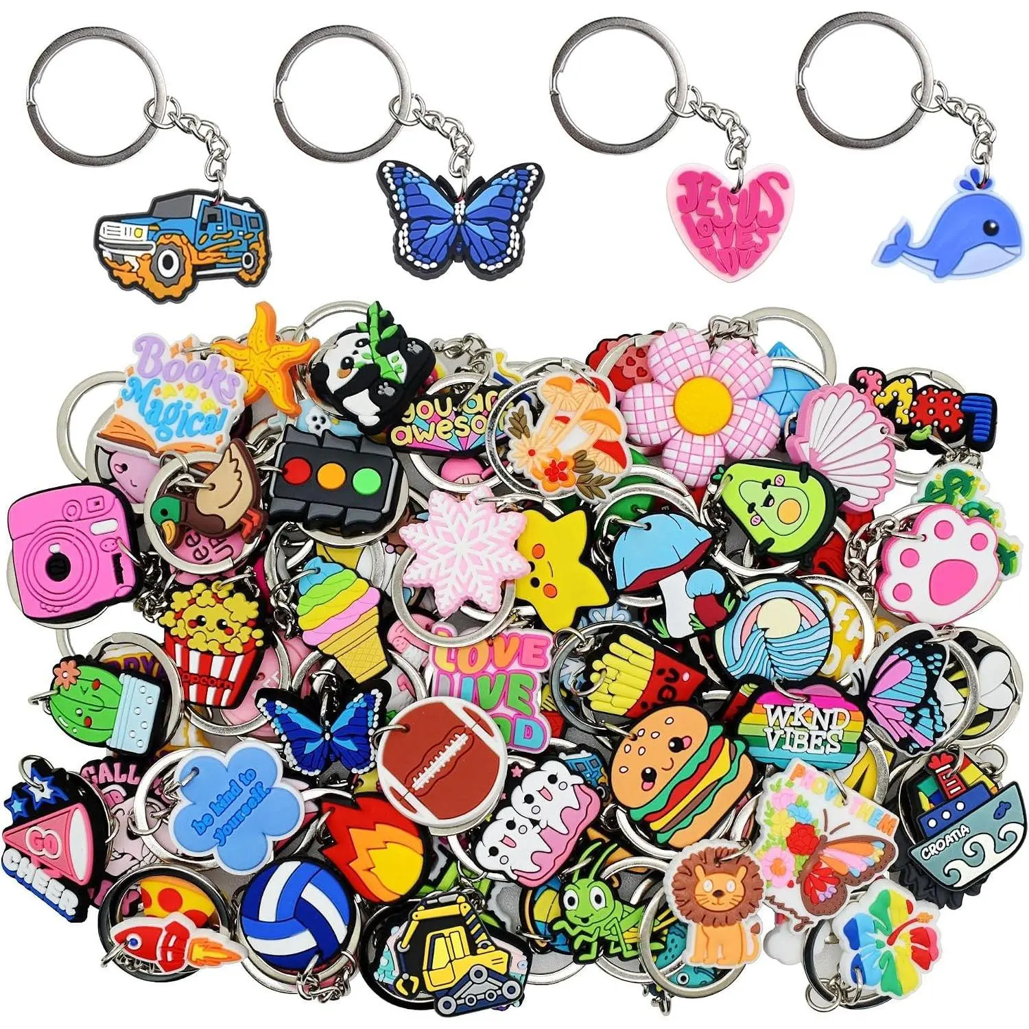 Mixed Lot of 30/50/100/200 Pcs Random Cute Keychains, Bulk Assorted Keyrings for Classroom Prizes & Student Incentives