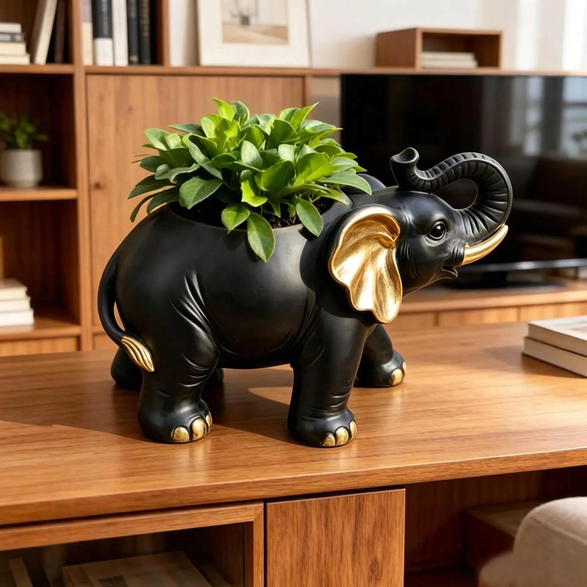Gold Elephant Resin Garden Planter, Outdoor Decorative Flower Pot, Courtyard Balcony Ornament, Resin Sculpture Item