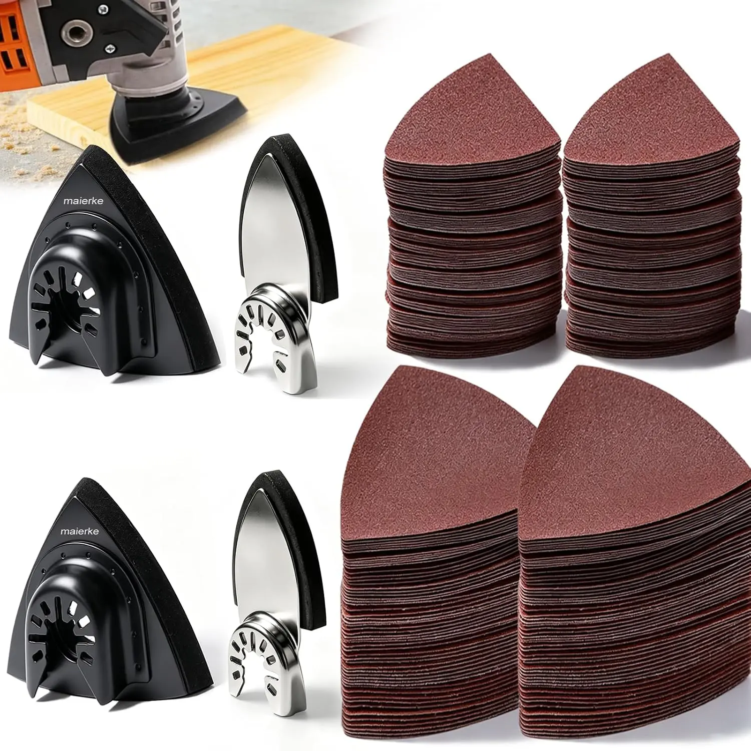 114-piece vibration tool sanding pad set, including 2 triangular sanding pads and 2 finger-shaped sanding pads, 110 sheets of sandpaper (grit 60-240), suitable for fine finishing of wood, plaster, metal, and leather, compatible with various tools