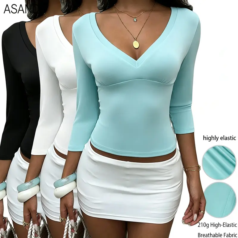 Women's 3 Pack Plain Long Sleeve Tops, Deep V-Neck Cross Wrap Elastane Poly Shirts, High Elastic Slim Fit for Going Out & Casual Wear