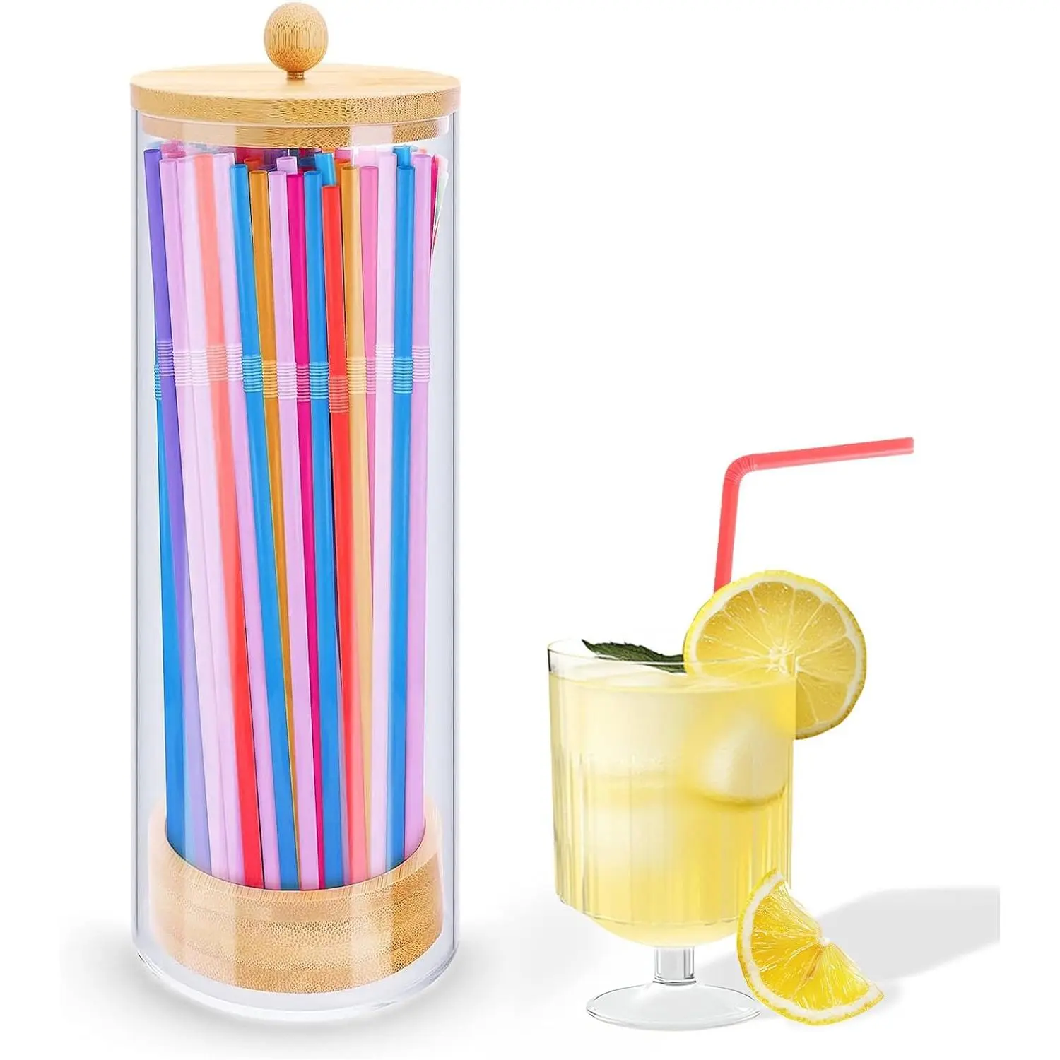 Straw Holder Dispenser, 10-Inch  Straw Dispenser with  Lid with 100 Colorful Straws for Standard Straws, Organizer for Kitchen