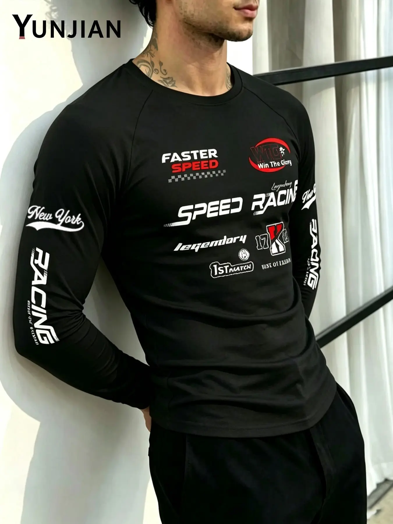 Men's Fitted Racing Style Long Sleeve T-Shirt, Soft Multi-Print Raglan Sleeves, Muscle Definition, Casual Streetwear, Fall & Winter Layering
