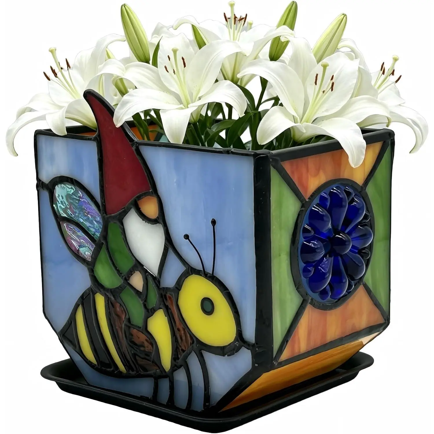 Stained Glass Gnome Bee Planter, Cute Drainage Plant Pot for Indoor Plants, Gnome Gift for Women, Garden Succulent Decor