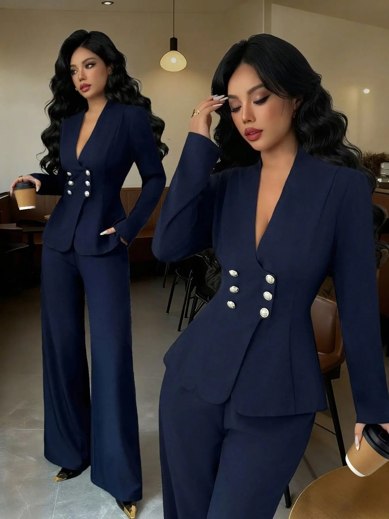Navy Waist-Cinch Double-Breasted Blazer Suit Set, Elegant Formal Office Workwear, Slimming Two-Piece, Professional Look, Women's Fashion