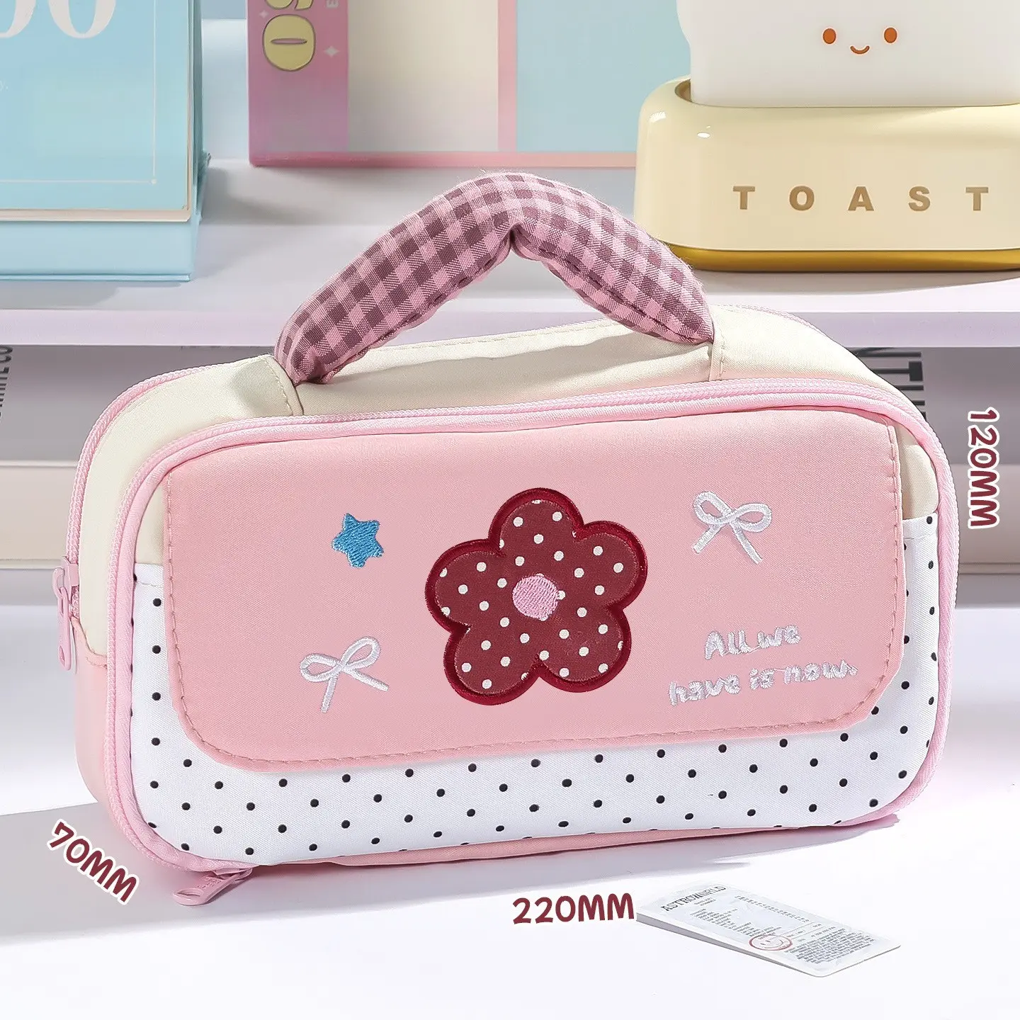 Cute Girls Embroidered Flower Bow Pencil Case, Large Capacity Pen Bag, 5-Layer Partition, Washable Stationery Pouch, Holds 65 Pens, School Supplies