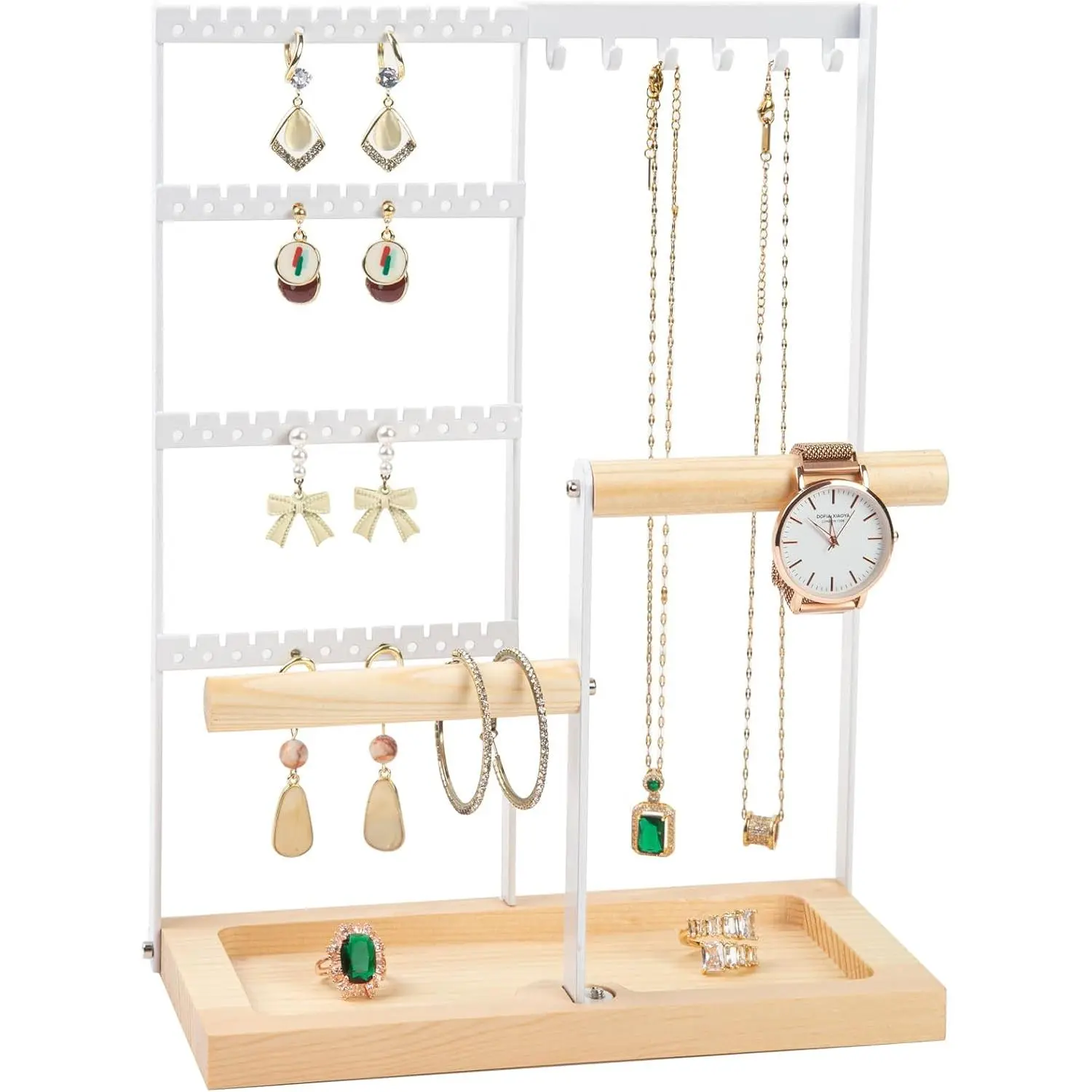 Organizer Stand,  Holder, Lengnoy 4 Tier Earring Holder with 48 Holes and 6 Hooks Necklace Organizer  Box for Necklace Bracelet Earring Ring, White