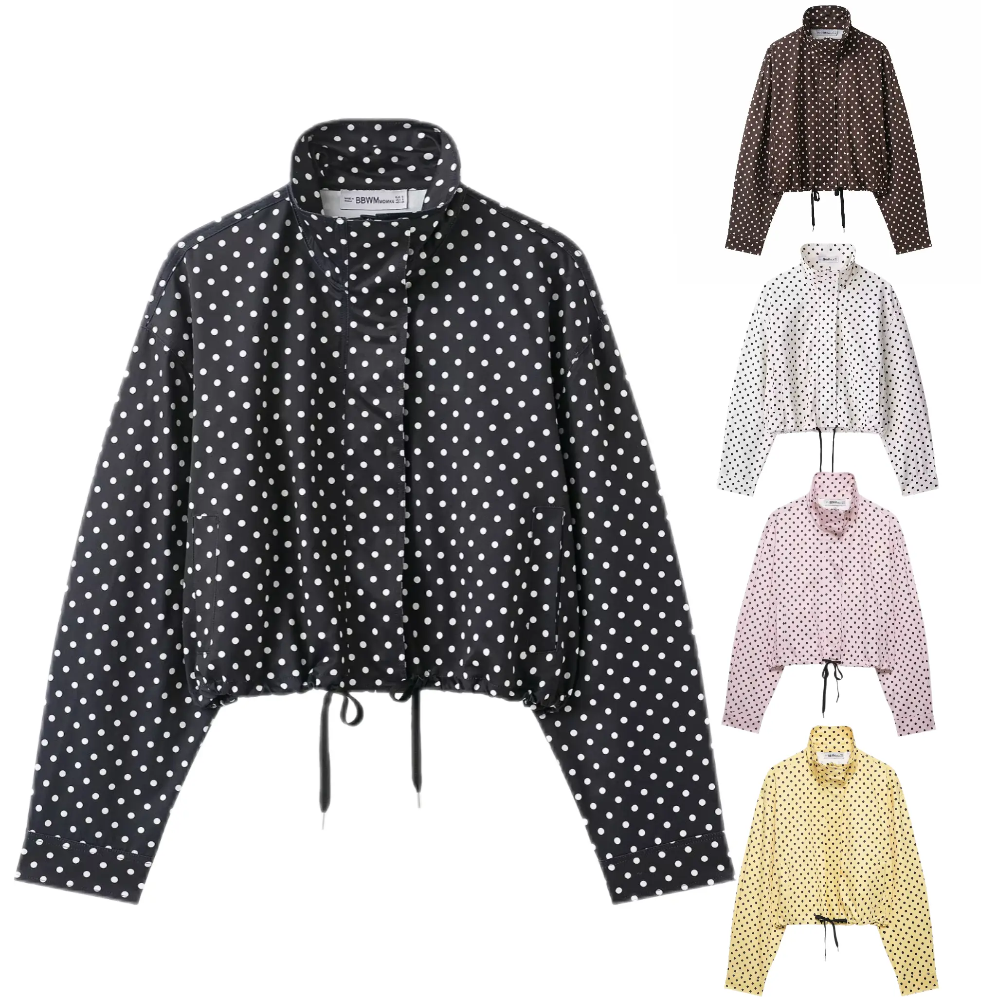 Women Spring & Fall Polka Dot Bubble Jacket, High Neck Long Sleeve Zipper Coat, Adjustable Drawstring Hem With Pockets