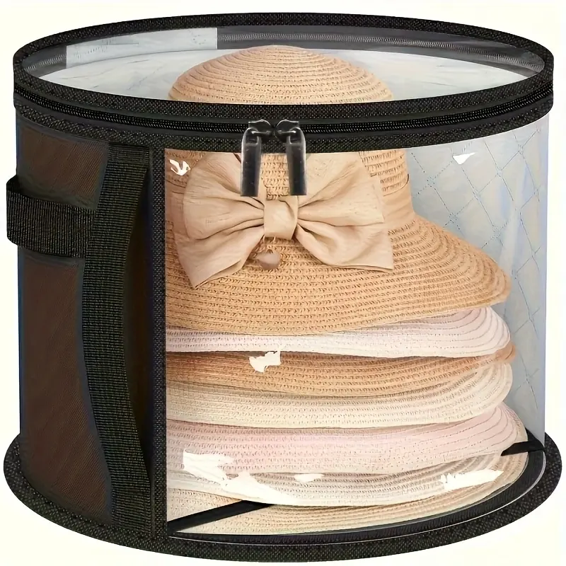 Extra Large Hat Storage Box - Collapsible Non-woven Fabric Accessory Organizer with Reinforced Handles, Ideal for Hats, Sun Hats and Beach Hats - Lightweight Transparent Window with Double Zipper Design