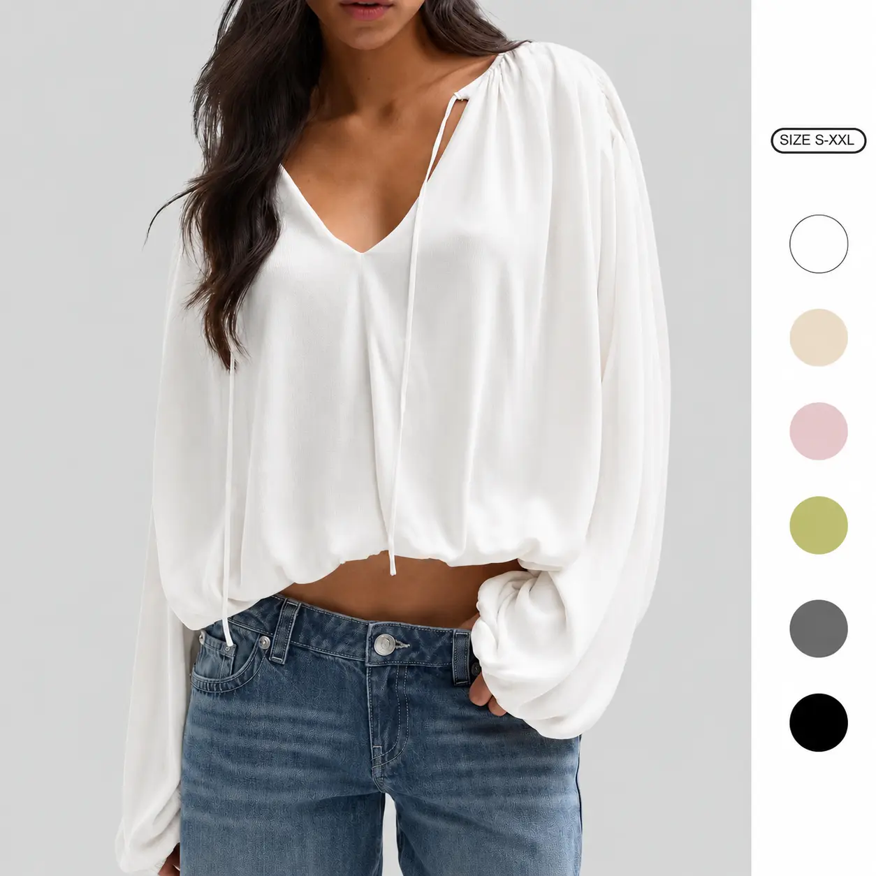 Imily Bela Womens Drawstring V Neck Balloon Long Sleeve Rib Knit Cropped Casual Blouse Top Imily Bela Womens Drawstring V Neck Balloon Long Sleeve Rib Knit Cropped Casual Blouse Top