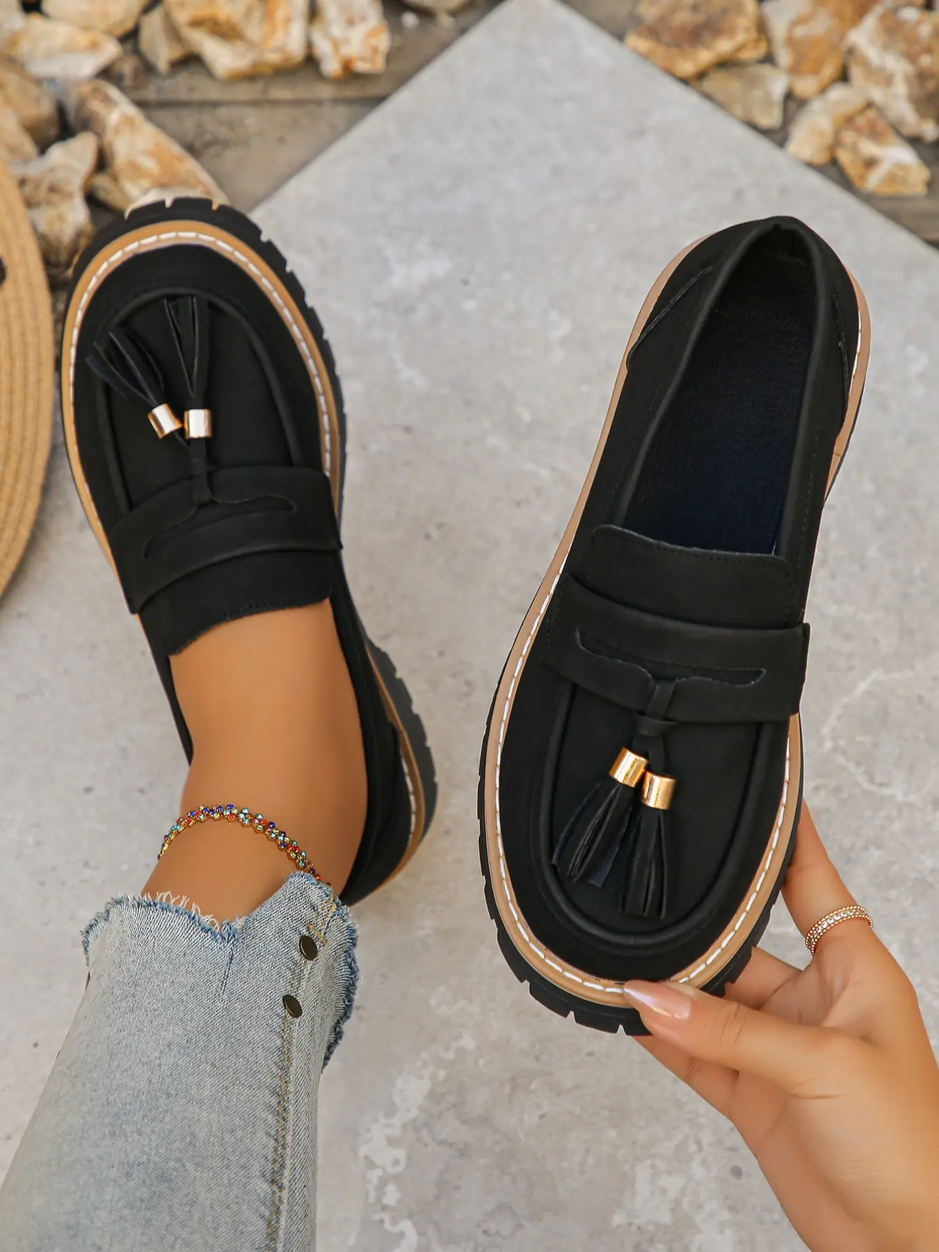 Spring Autumn New Retro British Style Fringe Loafers, Thick Sole Chunky Heel Small Leather Shoes, Elegant Casual Slip-On Round Toe