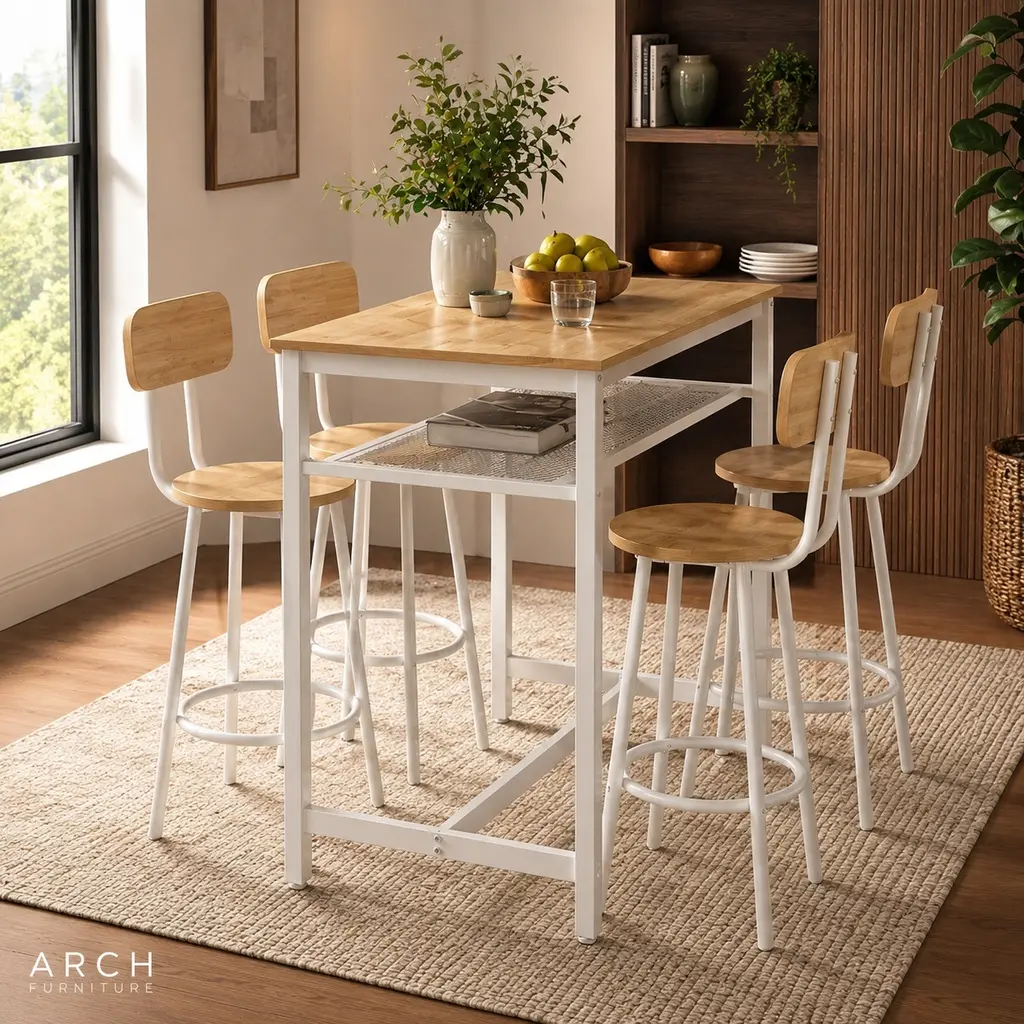 5-Piece Counter Height Kitchen Table Set with 4 Chairs, MDF & Iron Pub Bar Table, Space-Saving Indoor Set with Storage Net, Espresso