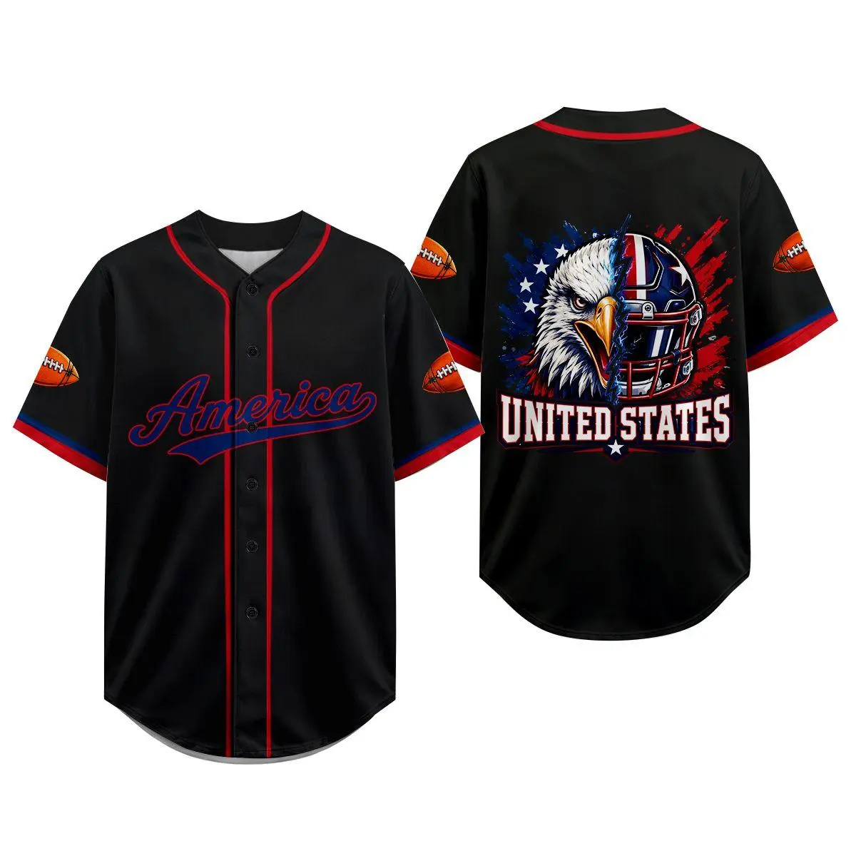 Patriotic America Baseball Jersey Shirt for Men Women, Black Button Up Football Game DayTop, Eagle Helmet United States Graphic Short Sleeve Sports Fan Jersey, Tailgate Party Outfit,4th of July BBQ Casual Streetwear Top, Gift for Him Her Fans USA