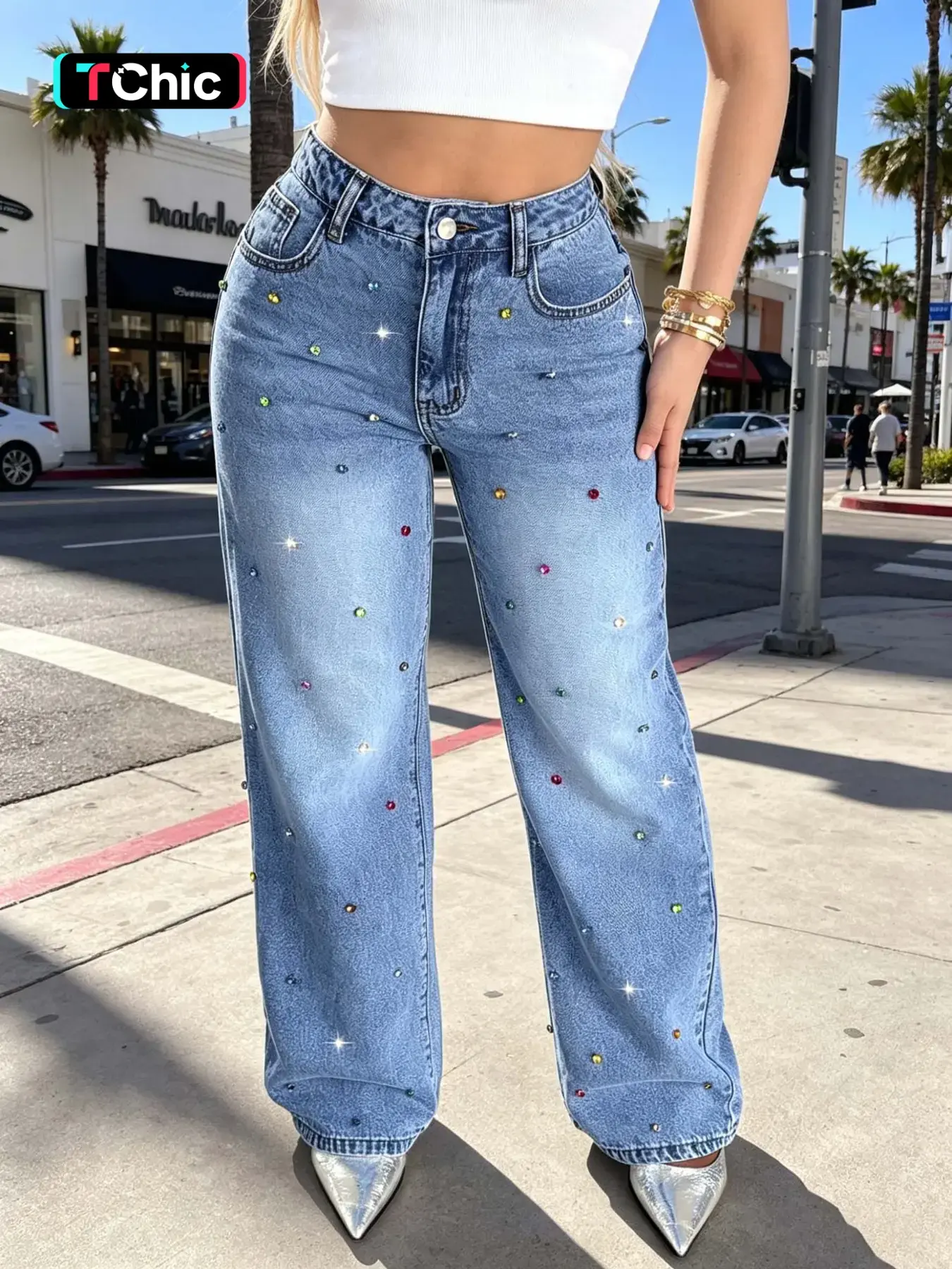 Women's New Fashion Rhinestone Decorated Light Wash Wide Leg Jeans, Elegant Party and Daily Straight Leg Women's Jeans, Contemporary Style, Fashion Denim Jeans