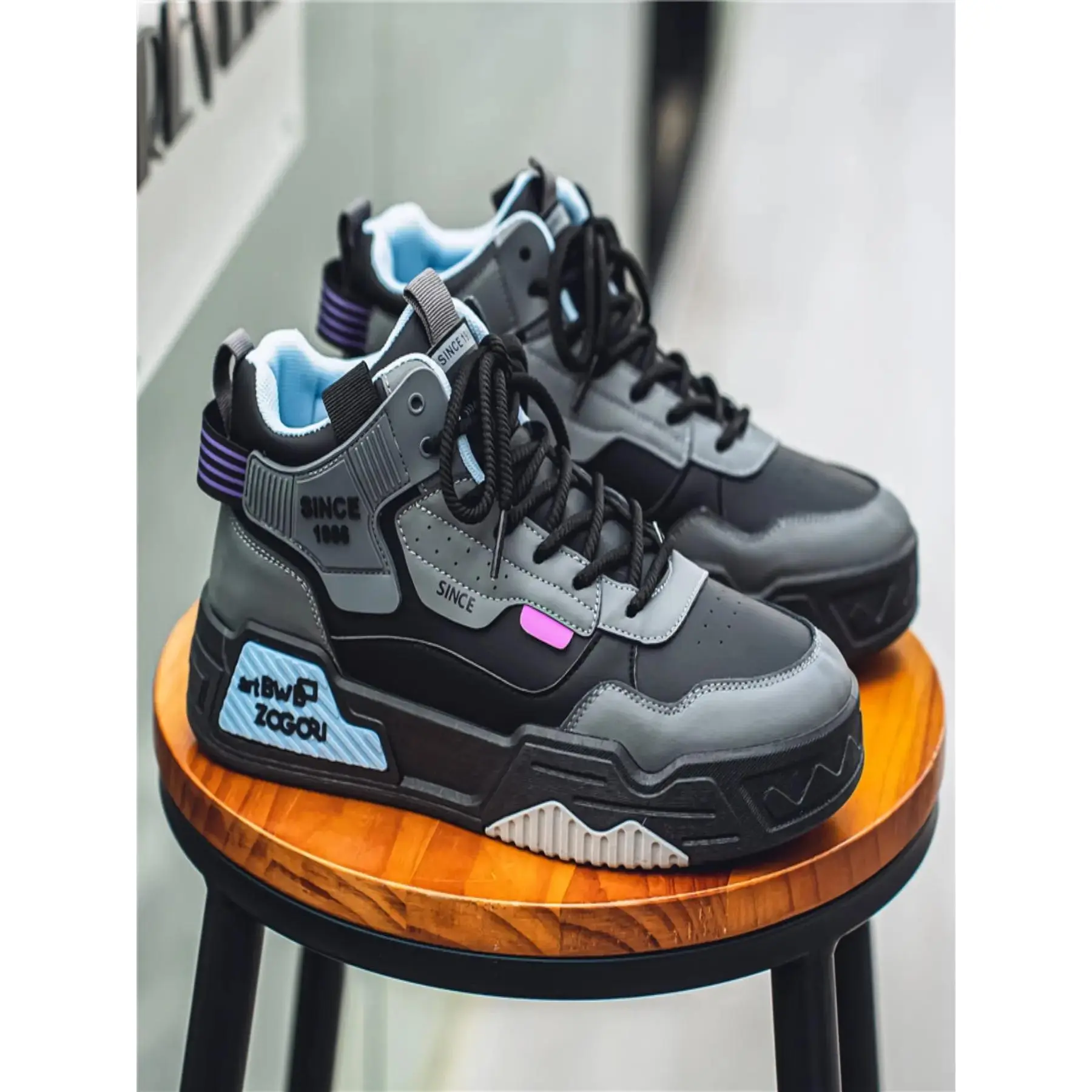 YYW1 Men Color Block Mid Top Platform Skate Shoes Thick Rope Laces Non Casual Chunky Sneakers